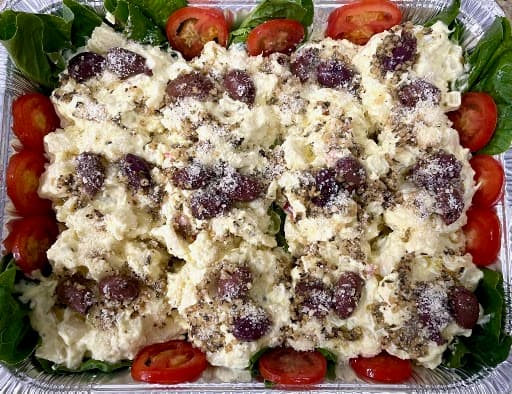 Pasta alfredo catering tray with meatballs